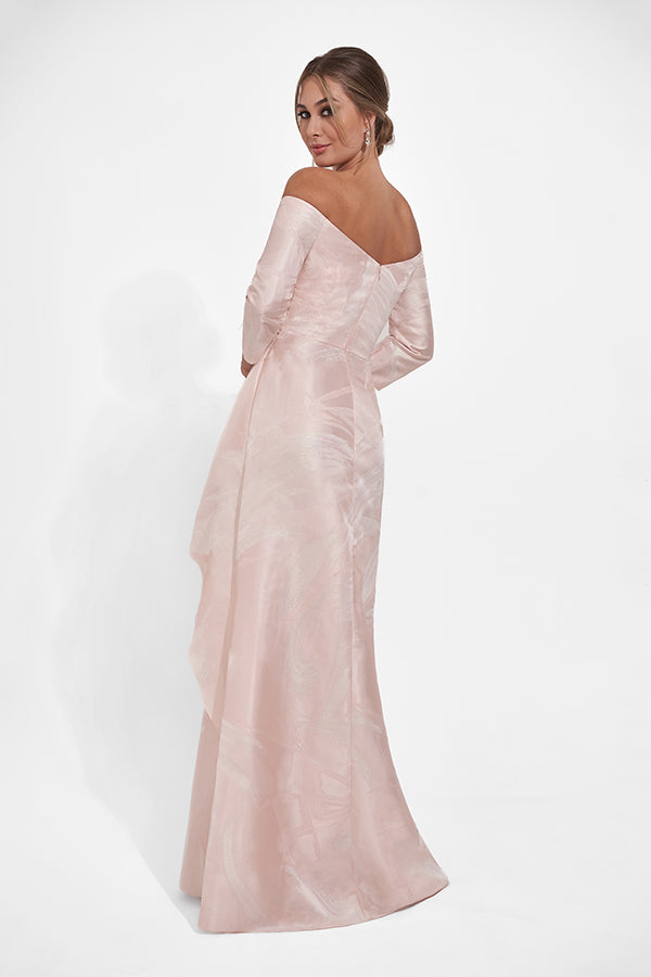 K278001 Elegant Off-the-Shoulder Frances Jacquard Fit and Flare gown with Portrait Neckline and Quarter Sleeves