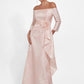 K278001 Elegant Off-the-Shoulder Frances Jacquard Fit and Flare gown with Portrait Neckline and Quarter Sleeves