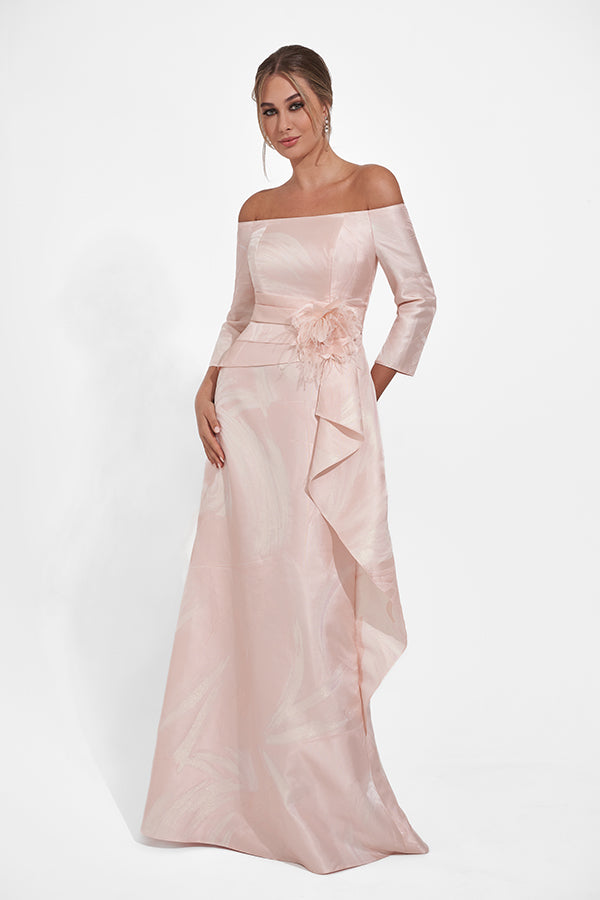 K278001 Elegant Off-the-Shoulder Frances Jacquard Fit and Flare gown with Portrait Neckline and Quarter Sleeves