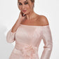 K278001 Elegant Off-the-Shoulder Frances Jacquard Fit and Flare gown with Portrait Neckline and Quarter Sleeves