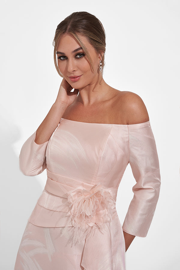 K278001 Elegant Off-the-Shoulder Frances Jacquard Fit and Flare gown with Portrait Neckline and Quarter Sleeves
