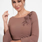 K278004 Sophisitcated Fit and Flare Soft Stretch Crepe Gown with Boat Neckline and Bell Sleeves