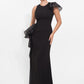 K278005 Glamourous Soft Stretch Crepe Fit and Flare Gown with Organza Ruffle Accents and 3D Flowers