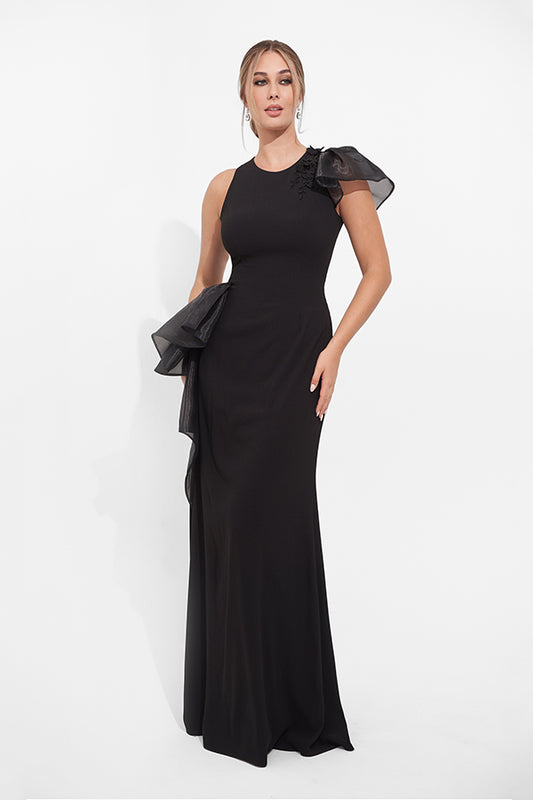 K278005 Glamourous Soft Stretch Crepe Fit and Flare Gown with Organza Ruffle Accents and 3D Flowers