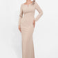 K278006 Elegant Fit and Flare Royal Crepe Gown with 3D Flowers and Long Sleeves