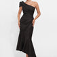 K278007A Fresh One Shoulder Fanny Metallic Jacquard Fit and Flare Gown