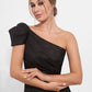 K278007A Fresh One Shoulder Fanny Metallic Jacquard Fit and Flare Gown