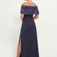 K278008 Exquisite Sheath Royal Crepe and Organza Gown with Portrait Collar and Hand-Sewn Flowers