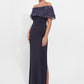 K278008 Exquisite Sheath Royal Crepe and Organza Gown with Portrait Collar and Hand-Sewn Flowers