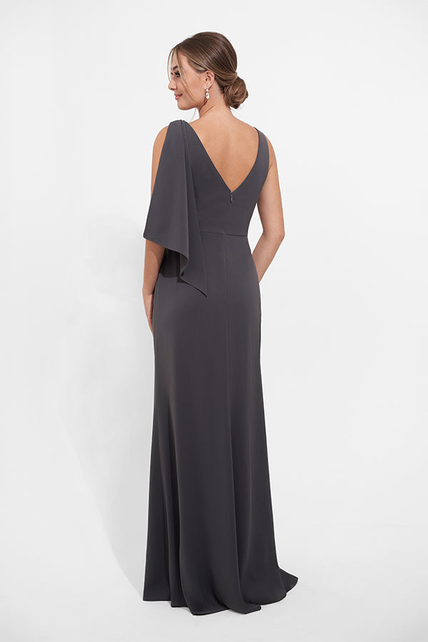 K278009 Graceful Royal Crepe Fit and Flare Gown with Boat Neckline and Beaded Soft Gathers