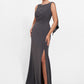 K278009 Graceful Royal Crepe Fit and Flare Gown with Boat Neckline and Beaded Soft Gathers