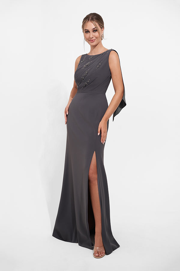 K278009 Graceful Royal Crepe Fit and Flare Gown with Boat Neckline and Beaded Soft Gathers