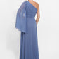 K278012 Dramatic One Shoulder Jade Chiffon A-line Gown with Ruched Details and Shoulder Cape Accented with Beaded Applique