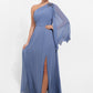 K278012 Dramatic One Shoulder Jade Chiffon A-line Gown with Ruched Details and Shoulder Cape Accented with Beaded Applique