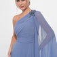 K278012 Dramatic One Shoulder Jade Chiffon A-line Gown with Ruched Details and Shoulder Cape Accented with Beaded Applique