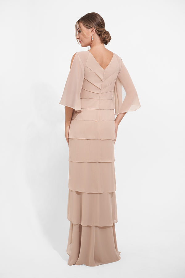 K278013 Romantic Jade Chiffon A-line Gown with Angled Layers and Open Slit Quarter Sleeves