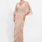 K278013 Romantic Jade Chiffon A-line Gown with Angled Layers and Open Slit Quarter Sleeves