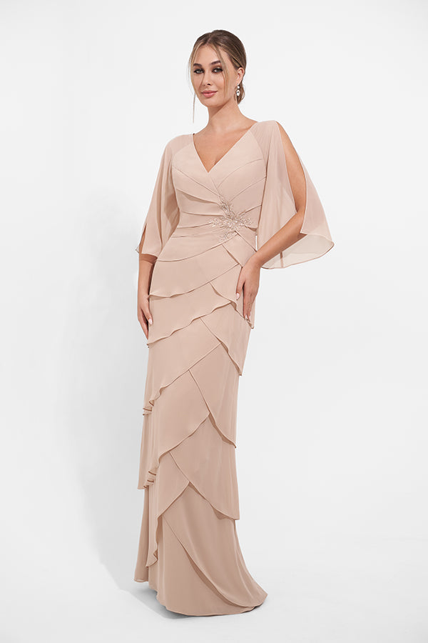 K278013 Romantic Jade Chiffon A-line Gown with Angled Layers and Open Slit Quarter Sleeves