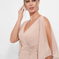 K278013 Romantic Jade Chiffon A-line Gown with Angled Layers and Open Slit Quarter Sleeves