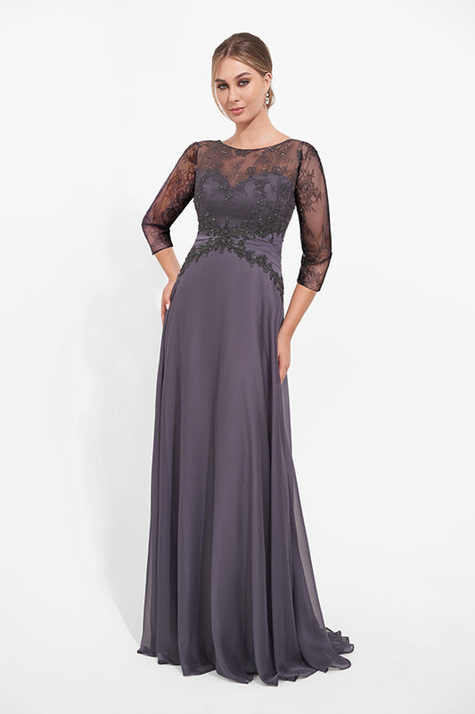 K278017 Sophisticated Chiffon and Lace A-line Gown with Bateau Neckline and Beaded Pleated Waistband