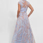 K278018 Chic Freda Organza Jacquard A-line Gown with Shirt Collar Neckline and Cap Sleeves