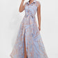 K278018 Chic Freda Organza Jacquard A-line Gown with Shirt Collar Neckline and Cap Sleeves