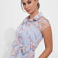 K278018 Chic Freda Organza Jacquard A-line Gown with Shirt Collar Neckline and Cap Sleeves