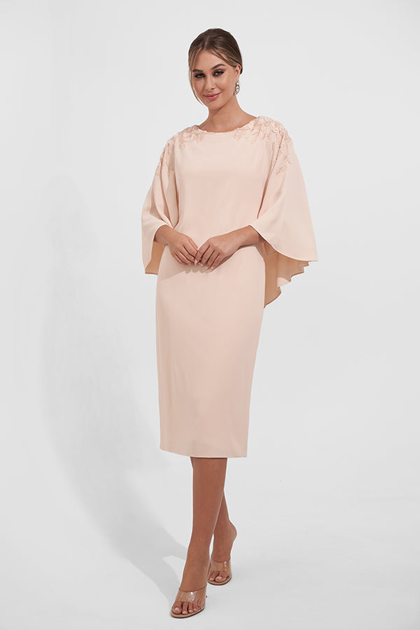 K278020 Elegant Knee Length Sheath Gown with Cape Like Top and Bateau Neckline Accented with Beaded Lace