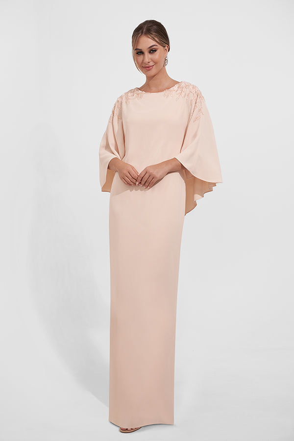 K278020 Elegant Knee Length Sheath Gown with Cape Like Top and Bateau Neckline Accented with Beaded Lace