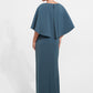 K278021 Elegant Royal Crepe Sheath Gown with Draped Asymmetrical Tunic Cape and Beaded Trim