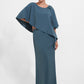K278021 Elegant Royal Crepe Sheath Gown with Draped Asymmetrical Tunic Cape and Beaded Trim