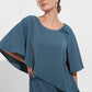 K278021 Elegant Royal Crepe Sheath Gown with Draped Asymmetrical Tunic Cape and Beaded Trim