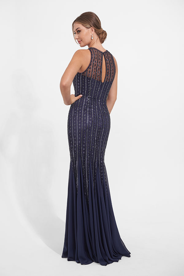 K278023 Luxurious Fit and Flare Sequin Lace Gown with Sheer Halter Neckline and Narrow Keyhole Back