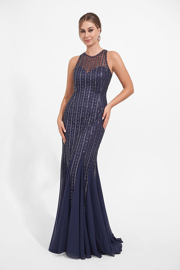 K278023 Luxurious Fit and Flare Sequin Lace Gown with Sheer Halter Neckline and Narrow Keyhole Back