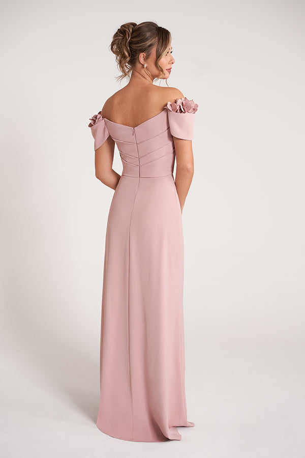 K278051  Timeless Royal Crepe Fit and Flare Gown with Softly Gathered Bodice and 3D Shoulder Flowers