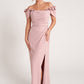 K278051  Timeless Royal Crepe Fit and Flare Gown with Softly Gathered Bodice and 3D Shoulder Flowers