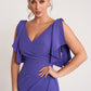 K278052 Elegant Fit and Flare Stretch Crepe Gown with V-Neckline and Soft Flutter Sleeves