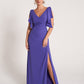 K278052 Elegant Fit and Flare Stretch Crepe Gown with V-Neckline and Soft Flutter Sleeves