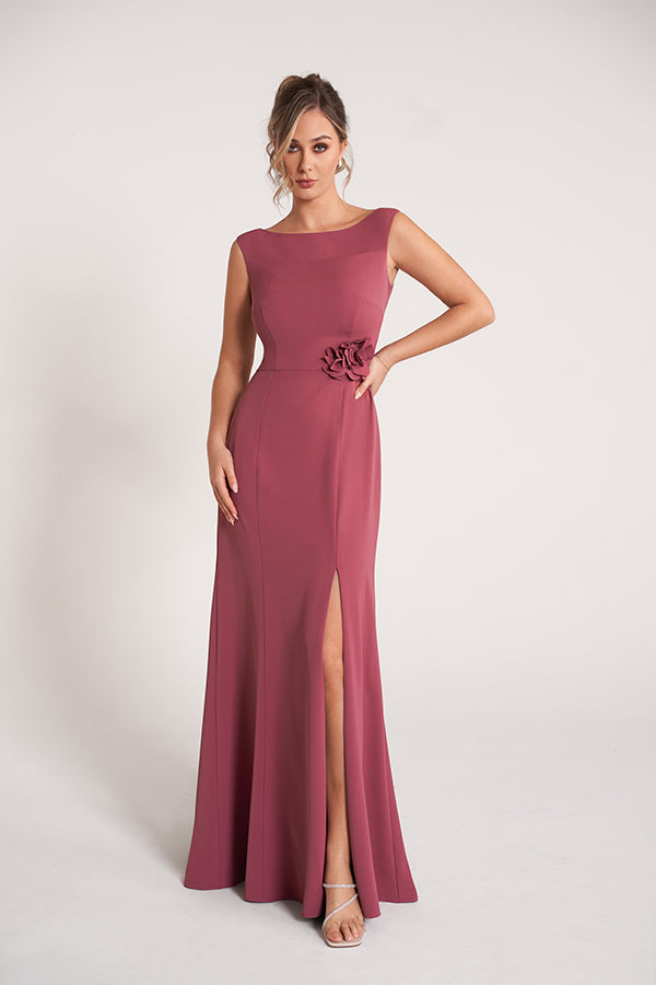 K278053 Sophisticated Royal Crepe Fit and Flare Dress with Cap Sleeves and 3D Waistline Flower