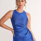 K278055 Dramatic High Low Fit and Flare Georgia Jacquard Dress with Halter Neckline and Ruffled Hemline