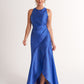 K278055 Dramatic High Low Fit and Flare Georgia Jacquard Dress with Halter Neckline and Ruffled Hemline
