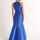 K278055 Dramatic High Low Fit and Flare Georgia Jacquard Dress with Halter Neckline and Ruffled Hemline