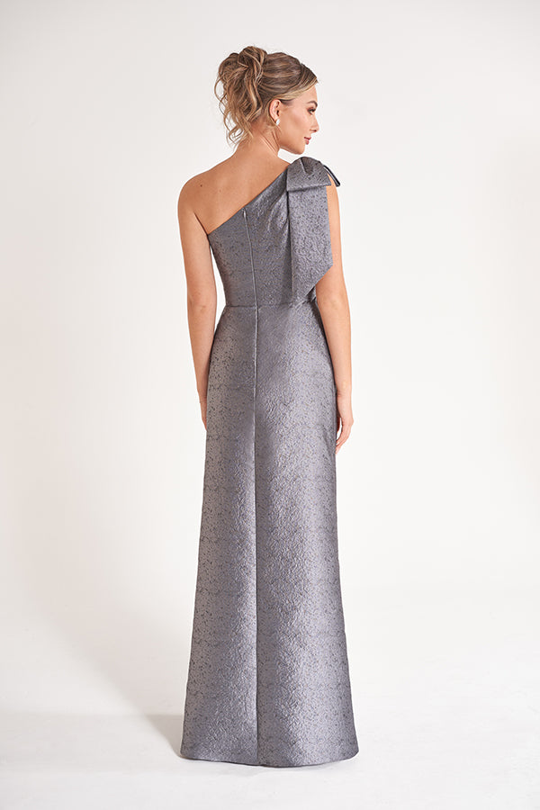 K278057 Sleek Georgia Jacquard Sheath Gown with One Shoulder Neckline and Accented Bow