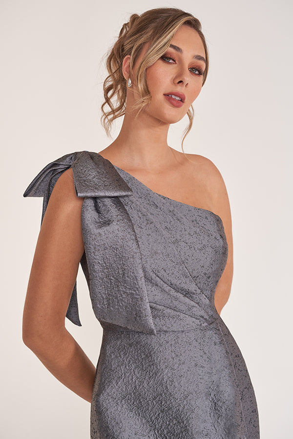 K278057 Sleek Georgia Jacquard Sheath Gown with One Shoulder Neckline and Accented Bow