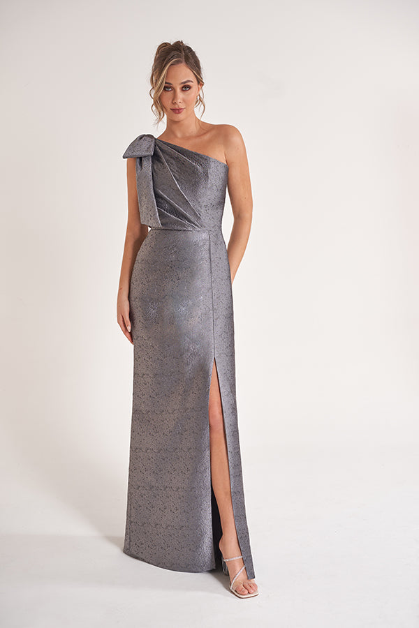 K278057 Sleek Georgia Jacquard Sheath Gown with One Shoulder Neckline and Accented Bow