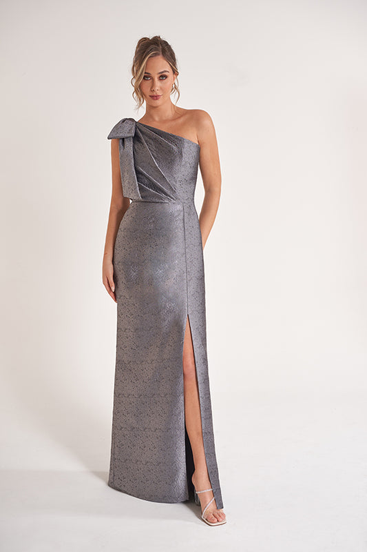 K278057 Sleek Georgia Jacquard Sheath Gown with One Shoulder Neckline and Accented Bow
