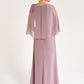 K278061 Airy Jade Chiffon Fit and Flare Dress with Boat Neckline and Draped Cape