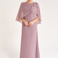 K278061 Airy Jade Chiffon Fit and Flare Dress with Boat Neckline and Draped Cape