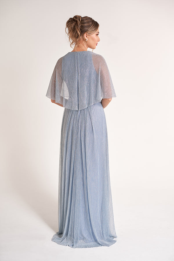 K278062 Stylish Metallic Pleated Chiffon A-Line Dress with Side Gathers and Cape