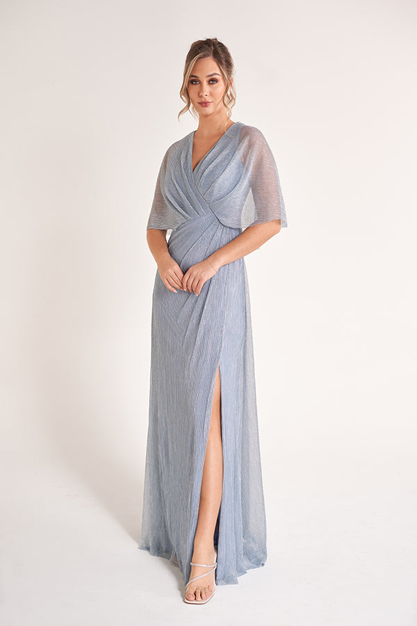K278062 Stylish Metallic Pleated Chiffon A-Line Dress with Side Gathers and Cape